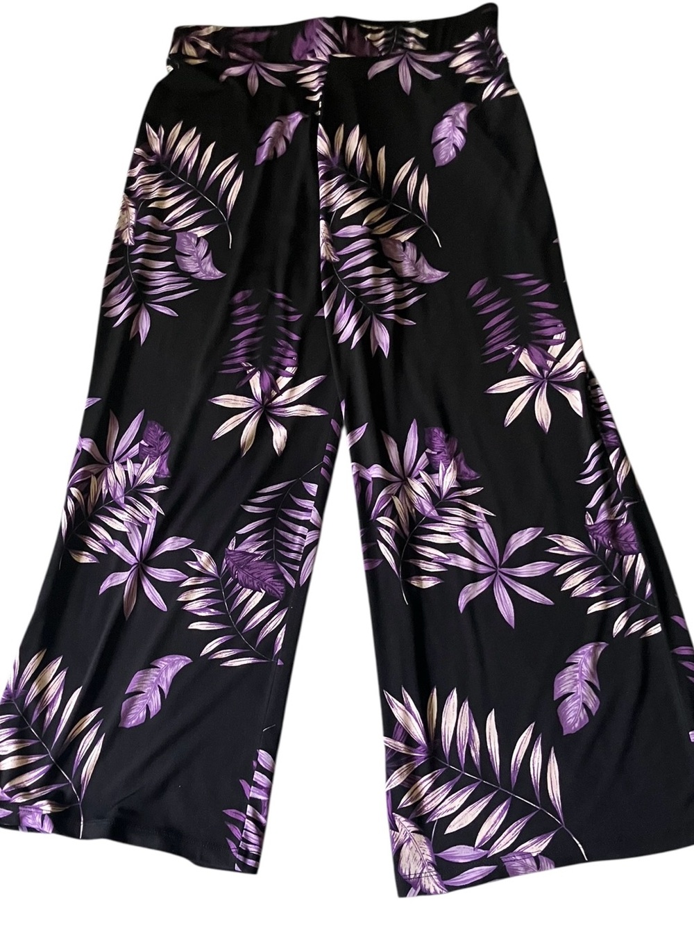 Alfani Womens PXL Purple Black Tropical Leaf Print Wide Leg PullOn Relaxed Pants